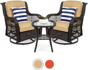 3-Piece Patio Wicker Bistro Furniture Set w/ 2 Cushioned Swivel Rocking Chairs, Side Table – Beige