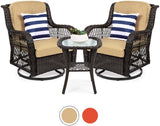 3-Piece Patio Wicker Bistro Furniture Set w/ 2 Cushioned Swivel Rocking Chairs, Side Table – Beige