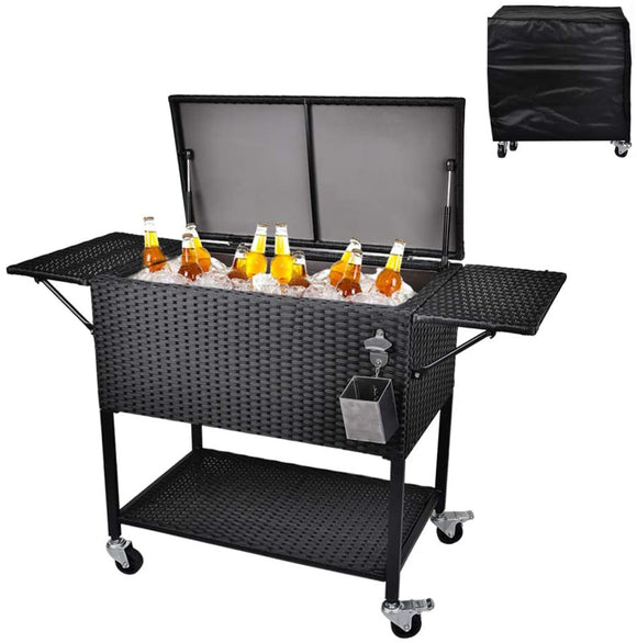 80 Quart Rattan Rolling Cooler Cart, Portable Wicker Cooler Trolley, Backyard Party Drink Beverage Bar, Ice Chest with Wheels (Black)