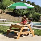 Kids 3-in-1 Outdoor Convertible Wood Activity Sand & Water Picnic Table w/ Umbrella, 2 Play Boxes