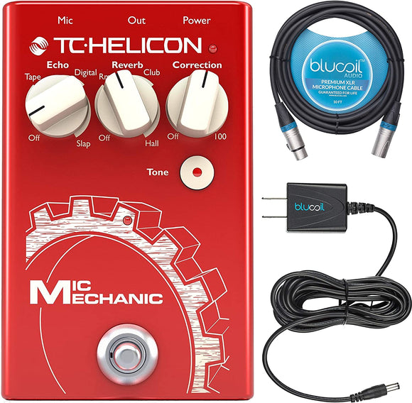 TC Helicon Mic Mechanic 2 Vocal Effects Pedal Bundle with Blucoil Slim 9V Power Supply AC Adapter, and 10-FT Balanced XLR Cable