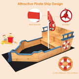 Pirate Boat Wood Sandbox for Kids, Wooden Pirate Sandboat Covered Sandboxes w/Bench Seat, Flag, Storage Space, Non-Woven Fabric Cloth, Children Outdoor Playset for Backyard, Home, Lawn, Garden