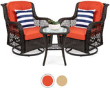 3-Piece Patio Wicker Bistro Furniture Set w/ 2 Cushioned Swivel Rocking Chairs, Side Table – Beige