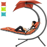 Outdoor Hanging Curved Steel Chaise Lounge Chair Swing w/Built-in Pillow and Removable Canopy, Teal