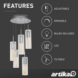 OME64B-HD2 Essence Spiral 5-Pendants Indoor Light Fixture with Integrated Led with Premium Glass and Dimmable, Chrome Finish
