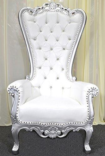 American Home Design Silver Baroque Hand Carved Throne Chair with White Vinyl & Crystal Buttoning