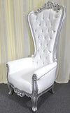 American Home Design Silver Baroque Hand Carved Throne Chair with White Vinyl & Crystal Buttoning