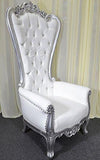 American Home Design Silver Baroque Hand Carved Throne Chair with White Vinyl & Crystal Buttoning