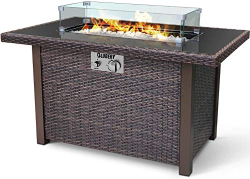 BLUBERY 44” Propane Fire Pit Table, 50,000 BTU PE Rattan Gas Fire Pit with Black Tempered Glass Tabletop, Glass Wind Guard, Auto-Ignition, White Glass Stone, ETL CERT