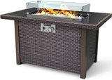 BLUBERY 44” Propane Fire Pit Table, 50,000 BTU PE Rattan Gas Fire Pit with Black Tempered Glass Tabletop, Glass Wind Guard, Auto-Ignition, White Glass Stone, ETL CERT