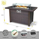 BLUBERY 44” Propane Fire Pit Table, 50,000 BTU PE Rattan Gas Fire Pit with Black Tempered Glass Tabletop, Glass Wind Guard, Auto-Ignition, White Glass Stone, ETL CERT