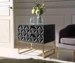 Iconic Home Mantau Nightstand Side Table with 2 Self Closing Lacquer Drawers Brass Finished Stainless Steel Frame Base Modern Contemporary Black