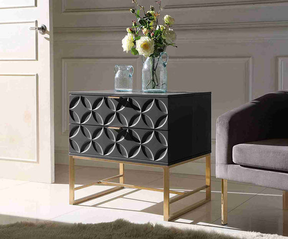 Iconic Home Mantau Nightstand Side Table with 2 Self Closing Lacquer Drawers Brass Finished Stainless Steel Frame Base Modern Contemporary Black