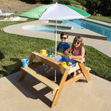 Kids 3-in-1 Outdoor Convertible Wood Activity Sand & Water Picnic Table w/ Umbrella, 2 Play Boxes
