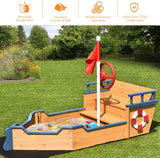 Pirate Boat Wood Sandbox for Kids, Wooden Pirate Sandboat Covered Sandboxes w/Bench Seat, Flag, Storage Space, Non-Woven Fabric Cloth, Children Outdoor Playset for Backyard, Home, Lawn, Garden