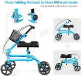 Double Steel Tube Walking Aids Scooter w/Shopping Basket, Dual Brake Medical Steerable Folding Knee Walker, Turning Brake Knee Bike, Great for Injury Sportman Leg Surgery, Blue