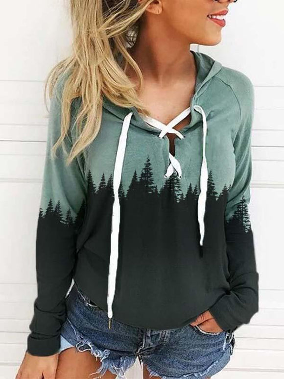 Printed and dyed V-neck long-sleeved sweatshirt