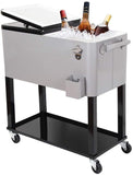 80QT Patio Cooler Cart, Beverage Outdoor Cooler with Shelf, Bottle Cap Catch Bin & Bottle Opener, Brown.