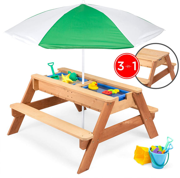 Kids 3-in-1 Outdoor Convertible Wood Activity Sand & Water Picnic Table w/ Umbrella, 2 Play Boxes