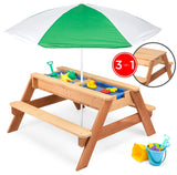 Kids 3-in-1 Outdoor Convertible Wood Activity Sand & Water Picnic Table w/ Umbrella, 2 Play Boxes