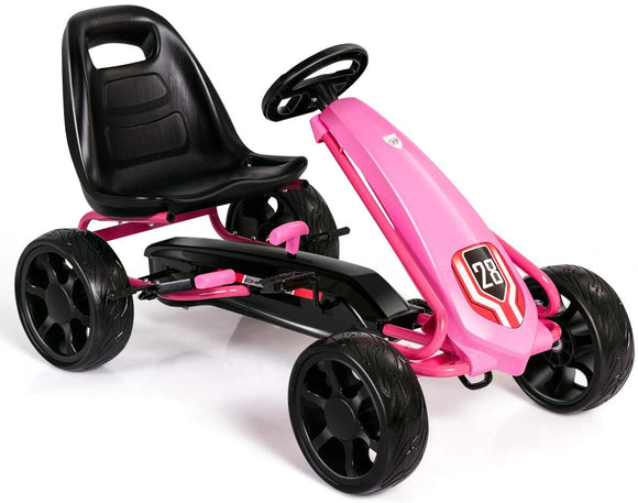 Pedal Go Kart, 4 Wheel Ride On Toy with Ergonomic Adjustable Seat, Handbrake, EVA Rubber Wheel, Pedal Powered Car for Boys and Girls (Pink)