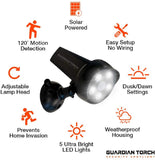 GUARDIAN TORCH – Home Security Spotlight (3 Pack) Solar Powered – 120° Motion Sensor – IP65 Water Resistant Outdoor Floodlight – 5 Bright LED Lights – Dusk to Dawn