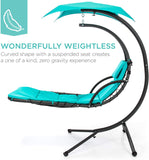 Outdoor Hanging Curved Steel Chaise Lounge Chair Swing w/Built-in Pillow and Removable Canopy, Teal