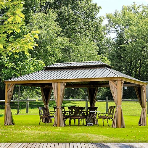 Outdoor Hardtop Gazebo (2021 New) – Galvanized Steel Double Roof,Patio Gazebo Canopy with Privacy Curtains and Netting,Wood-Looking Finish Aluminum Frame (Cavus 12’X20′) by domi outdoor living