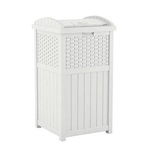 Suncast 33 Gallon Hideaway Trash Can for Patio – Resin Outdoor Trash with Lid – Use in Backyard, Deck, or Patio – White, Model:GHW1732WH