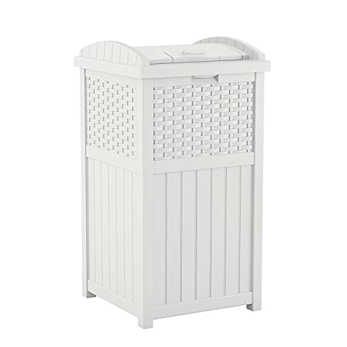 Suncast 33 Gallon Hideaway Trash Can for Patio – Resin Outdoor Trash with Lid – Use in Backyard, Deck, or Patio – White, Model:GHW1732WH