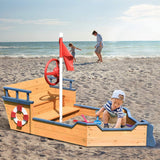 Pirate Boat Wood Sandbox for Kids, Wooden Pirate Sandboat Covered Sandboxes w/Bench Seat, Flag, Storage Space, Non-Woven Fabric Cloth, Children Outdoor Playset for Backyard, Home, Lawn, Garden