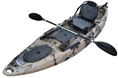 BKC UH-RA220 11.5 foot Riptide Angler Sit On Top Fishing Kayak with Paddles and Upright Chair and Rudder System Included (Camo)