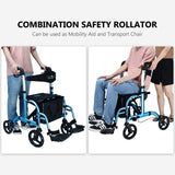 2 in 1 Rollator-Transport Chair w/Paded Seatrest, Reversible Backrest and Detachable Footrests, Sky Blue