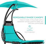 Outdoor Hanging Curved Steel Chaise Lounge Chair Swing w/Built-in Pillow and Removable Canopy, Teal