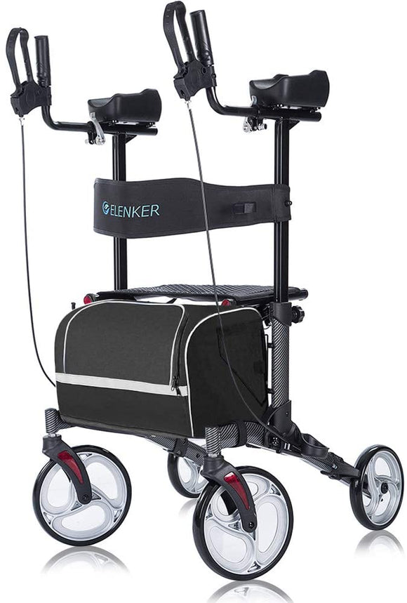 Upright Walker, Stand Up Folding Rollator Walker with 10” Front Wheels, Padded Armrests, Seat and Backrest for Seniors and Adults, Color: Carbon Fiber Black