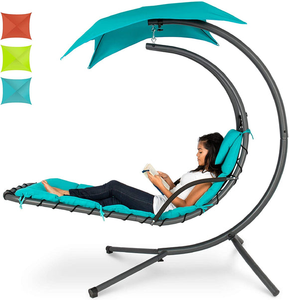 Outdoor Hanging Curved Steel Chaise Lounge Chair Swing w/Built-in Pillow and Removable Canopy, Teal