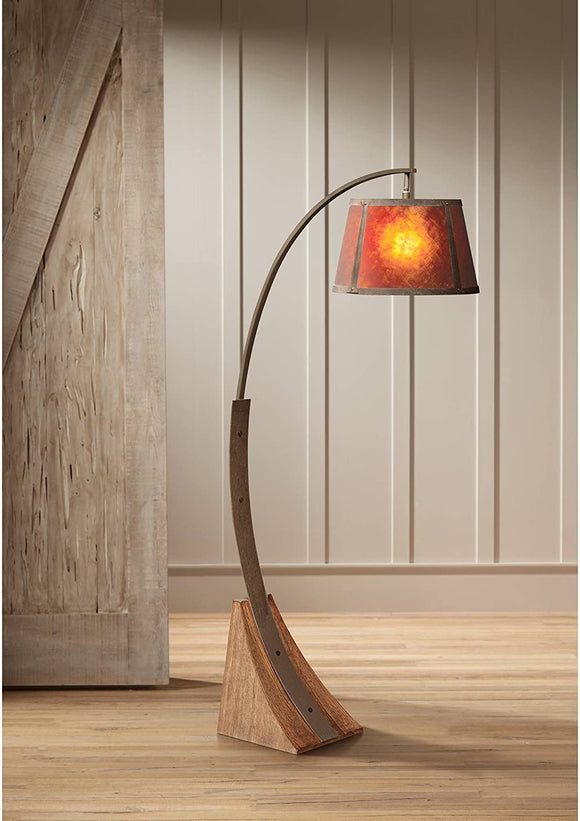 Oak River Mission Arc Floor Lamp Dark Rust Metal Pole Oak Wooden Base Natural Mica Shade for Living Room Reading Bedroom