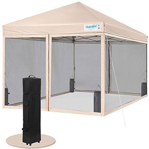 Quictent 10×10 Easy Pop up Canopy Tent Screened with Mosquito Netting Instant Gazebo Screen House Room Tent Waterproof, Roller Bag & 4 Sand Bags Included(Tan)