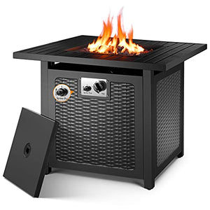 OKVAC 28′′ Propane Gas Fire Pit Table, 50,000 BTU Square Fire Bowl, Outdoor CSA Certification Fireplace with Auto Electric Ignition, 600D Waterproof Cover, Lava Rock, for Balcony/Garden/Patio/Courtyard