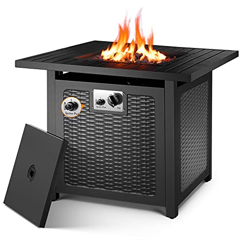 OKVAC 28′′ Propane Gas Fire Pit Table, 50,000 BTU Square Fire Bowl, Outdoor CSA Certification Fireplace with Auto Electric Ignition, 600D Waterproof Cover, Lava Rock, for Balcony/Garden/Patio/Courtyard