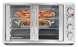 Elite Gourmet ETO-4510M Double French Door Countertop Convection Toaster Oven, Bake Broil Toast Rotisserie Keep Warm 12′′-14′′ pizza 2 Racks, 18-Slice, 45 L, Stainless Steel & Black