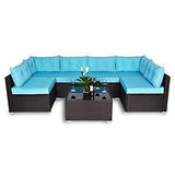 Amolife 7 Pieces Patio PE Rattan Sofa Chair Set Outdoor Sectional Furniture Black Wicker Conversation Set with Cushions and Tea Table