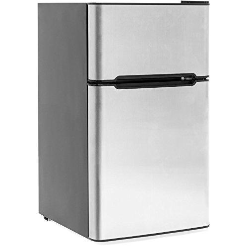 3.2 Cu. Ft. Stainless Steel Double Doors Compact Mini Refrigerator Internal Freezer Compartment Cooler Fridge Perfect For Home Kitchen Hotel Office Dorm Wet Bars Adjustable Temperature Mechanism