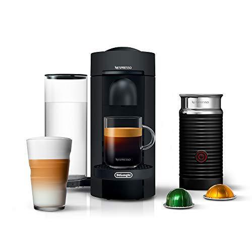Nespresso VertuoPlus Coffee and Espresso Machine Bundle with Aeroccino Milk Frother by De’Longhi, LE Black Matte