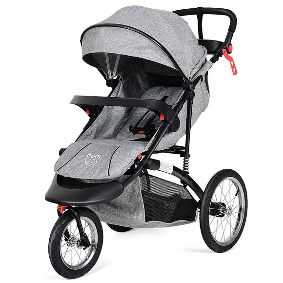 BABY JOY Jogger Stroller, Lightweight Jogging Stroller, Folding Pushchair w/Parental Cup Phone Holder, Adjustable Handle Bar, Rubber Wheels, Shock Suspension, Free Tractive Webbing, Gray