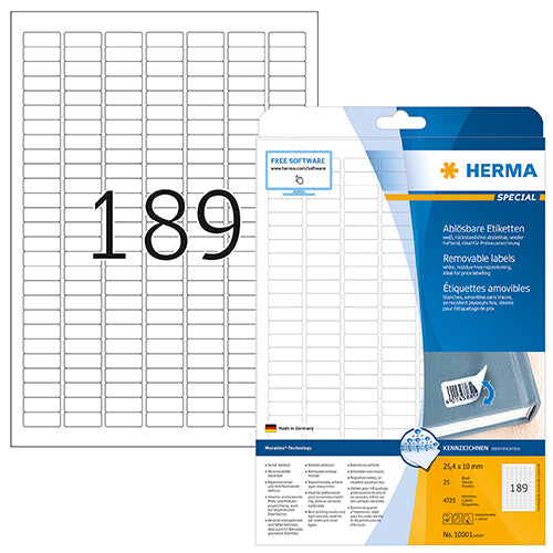 Removable Labels A4, 25,4 x 10 mm, White (10001)