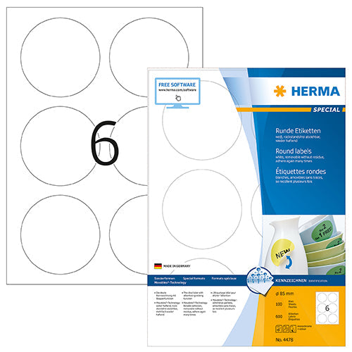 Removable Labels A4, Ø 85 mm, White (4478)