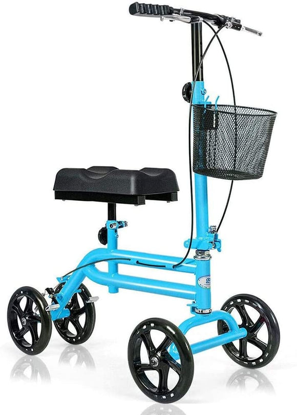 Double Steel Tube Walking Aids Scooter w/Shopping Basket, Dual Brake Medical Steerable Folding Knee Walker, Turning Brake Knee Bike, Great for Injury Sportman Leg Surgery, Blue