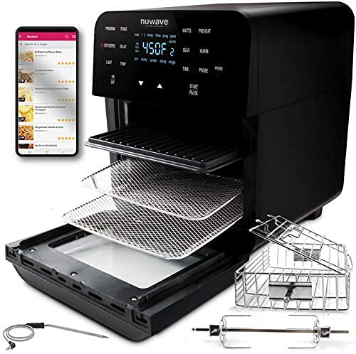 NuWave Brio 15.5-Quart Large Capacity Air Fryer + Grill; Probe; 2 Stainless Steel Racks; Drip Tray; Rotisserie Kit; Sear, Stage, Preheat, Rotisserie