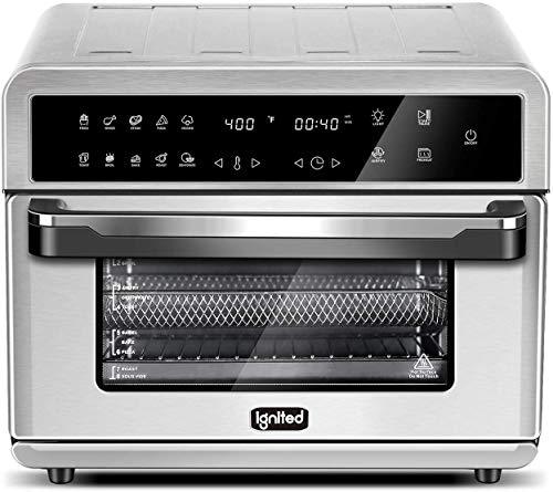 ignited Air Fryer Toaster Oven 26.4 Quart Family Size Large Capacity Oven For Bake Broil Pizza Roast Toast Dehydrate with Accessories and Recipe Book (Silver)